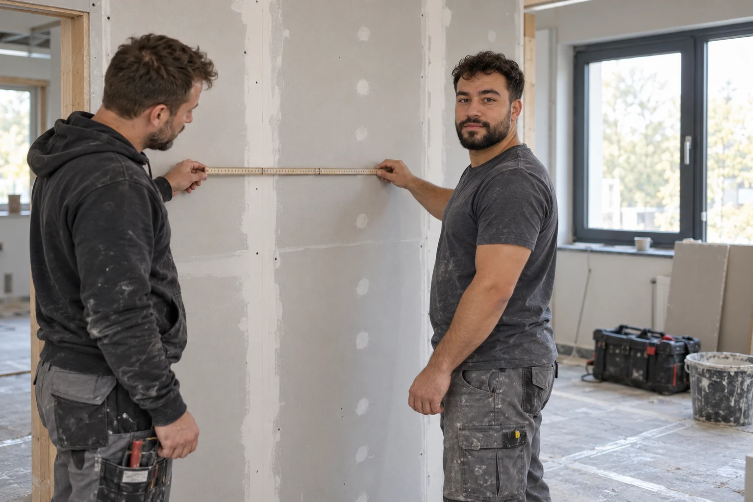 Beispielszene: Enis und ein Handwerker stimmen Maße an einer Trockenbauwand im Büroausbau ab